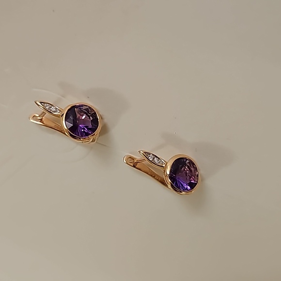 14K Amethyst & Diamond Drop Earrings - Picture 6 of 8